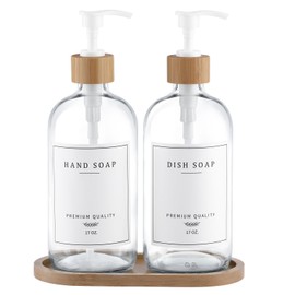 Clear Glass Soap Dispenser - Dish Hand Soap Dispenser Set for Kitchen, Refillable Soap Lotion Dispenser Bathroom with Sturdy Pump and Tray, 14 Waterproof Labels -Clear