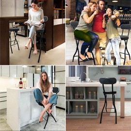 UWEAR Folding Bar Stool with Back,Tall Folding Stool Chair Leather Padded Portable Stool Counter Height Foldable Stool Chair,Collapsible Stool for Adults Kitchen Island Guitar (Black)