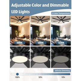 Autoday 62 Inch Large Ceiling Fans with Lights and Remote - Wood/Matte Black Ceiling Fan, Quiet DC Motor, 3 CCT, Modern Dimmable LED Lighting & Large Ceiling Fans for Living Room Patio, Indoor/Outdoor