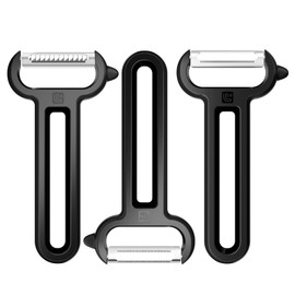 Linoroso 3 piece Vegetable Y-Peeler Set with Straight Peeler, Serrated Peeler and Julienne Peeler, Dishwasher Safe Classic Fruit Peeler for Kitchen, Potato Peelers for Peeling veggie and Food, Black