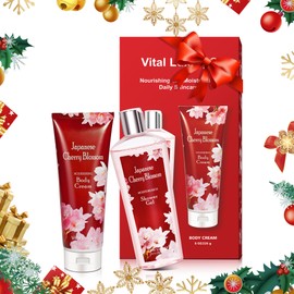 Vital Luxury Japanese Cherry Blossom Bath and Body Shower Gel and Body Cream Set - Nourishing and Moisturizing Daily Skincare - 8 fl.oz / 236mL Each (2-Piece Bundle)