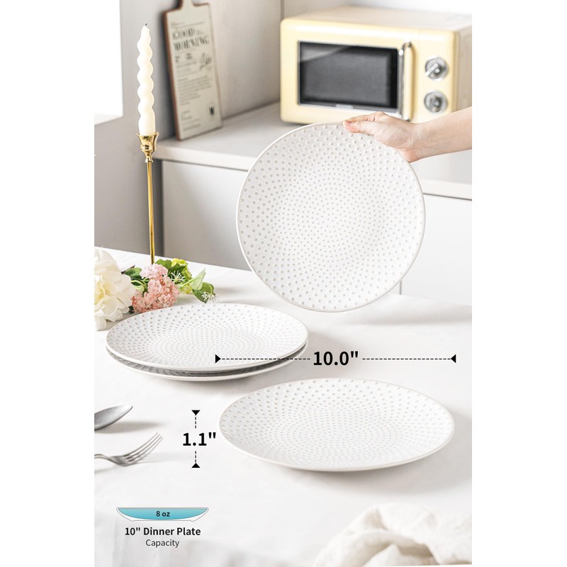 FOBENTA Stoneware Dinner Plates,Embossment Ceramic Dish Set for 4,4 Piece