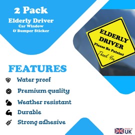 2-Pack "Elderly Driver: Please Be Patient, Thank You" Yellow Car Window & Bumper Sticker (100mm x 100mm) - Elderly Driving Aid Car Sticker