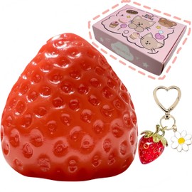 TIMCHESS Strawberry Squishy Toys with Keychain, Super Soft Fruit-Shaped Squeeze Toys, Sticky Squishies for Anxiety Relaxation | Perfect Desk Accessory (Red)