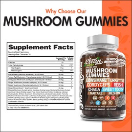 15in1 Mushroom Gummies with Lion's Mane Turkey Tail Cordyceps Reishi Chaga Sweet Toot Maitake Meshima Poria Cocos Shiitake Tremella, Oyster Agaricus Mushrooms for Men and Women Supplement Clean Nutra