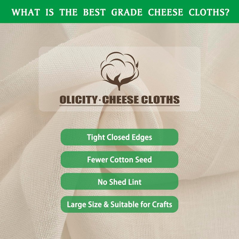 Olicity Cheese Cloths, Grade 100, 36 Sq Feet, Reusable Cheese