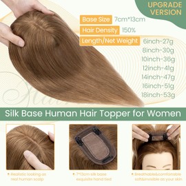 Hairro Clip in Hair Topper Human Hair with Bangs 13 * 7cm Silk Base Hairpiece for Women 100% Real Remy Human Hair Toppers for Thinning Hair Cover Hair Loss (8 inch #06 Light Brown)