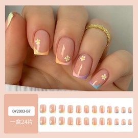 French Tip Press on Nails Short Square Flower Fake Nails with Designs Colorful Neon False Nails Cute Daisy Gel Acrylic Nails Yellow Glue on Nails Summer Spring Stick on Nails for Women 24Pcs
