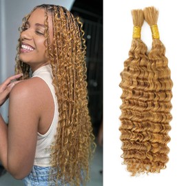 Honey Blonde Human Braiding Hair for Boho Braids Deep Wave Bulk Human Braiding Hair 100g 20 Inch 2 Bundles/Pack No Weft Color 27# 100% Brazilian Human Braiding Hair Extensions for Micro Braiding