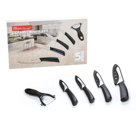 Heim Concept Ceramic Knife Set 5 Piece Cutlery Kitchen Knives with Sheaths and Peeler Set, Black