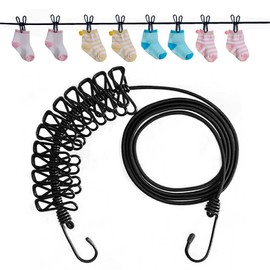 Elastic Travel Clothesline, Portable Clothes Line with 12 Clothes Clips, Clothes Line for Indoor Laundry Drying Line & Outdoor Camping Accessories(Black)