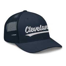 Vintage Cleveland Script Mesh Retro Cleveland Trucker Hat Cap Navy
