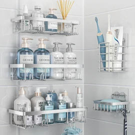 Liuoud 5 Pack Shower Caddy Organizer Rack Shelf for Inside Shower, Self Adhesive Bathroom Wall Storage Basket Rustproof Stainless Steel Large Capacity Shampoo Holder, Silver