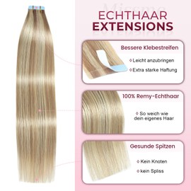 MissMe Tape-In Real Hair Extensions, Real Hair, 40 cm, Tape-In Extensions, Real Hair, 20 Pieces, 40 g, Streaked Ash Blonde with Bleach Blonde #P18/613 Extensions Real Hair Tape
