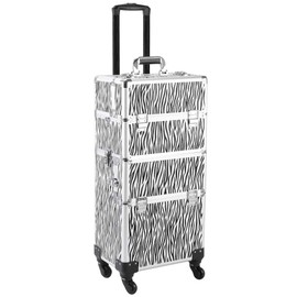Ynredee Rolling Makeup Case,3 in 1 Aluminum Cosmetic Organizer Train Case on Wheels,Makeup Travel Trolley Organizer,Salon Storage Traveling Cart for Nail Beauty Salon Barber (White Zebra)
