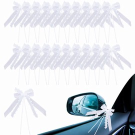 NICENEEDED 20PCS Wedding Car Door Handle Flowers, White Artificial Cars Rearview Mirror Bouquet Flower Bowknot Ribbon Decors, Married Automotive Decoration Accessories