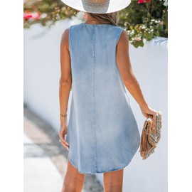 CUPSHE Women's Denim Mini Dress Jean Dresses V Neck Sleeveless Casual Summer Outfits 2025 Blue, Large