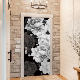 Flortlias Door Stickers Murals Peel and Stick, Door Floral Decal Wraps Self-Adhesive, Decorative Wallpaper Cover for Bedroom Living Room Closet Decor, Black and White Peony