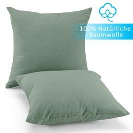 ATsense Set of 2 Cushion Covers Measuring 45 x 45 cm, 100% Washed Cotton, with Zip, Super Soft Premium and Cosy Cushion Covers, Plain Green