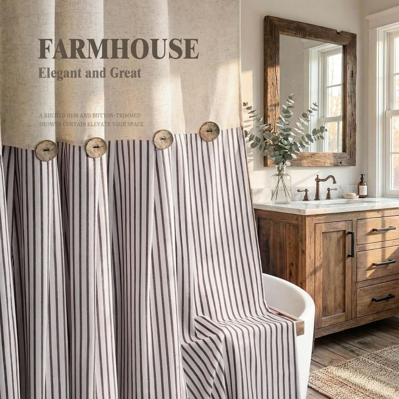 XOGUIBO Farmhouse Shower Curtain Linen Beige Button Woven Fabric Country