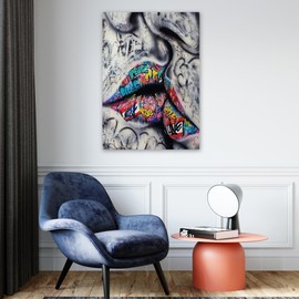 RileyCraftley Banksy Lips Canvas Wall Art – Graffiti-Inspired Pop Art with Colorful Words – Urban Street Style Decor for Living Room or Studio