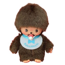 Sekiguchi 235540 Monchhichi 235540-Original Bebichhichi boy, White-Blue bib, Approx. 15 cm Cuddly Toy Made of Brown Plush, 0