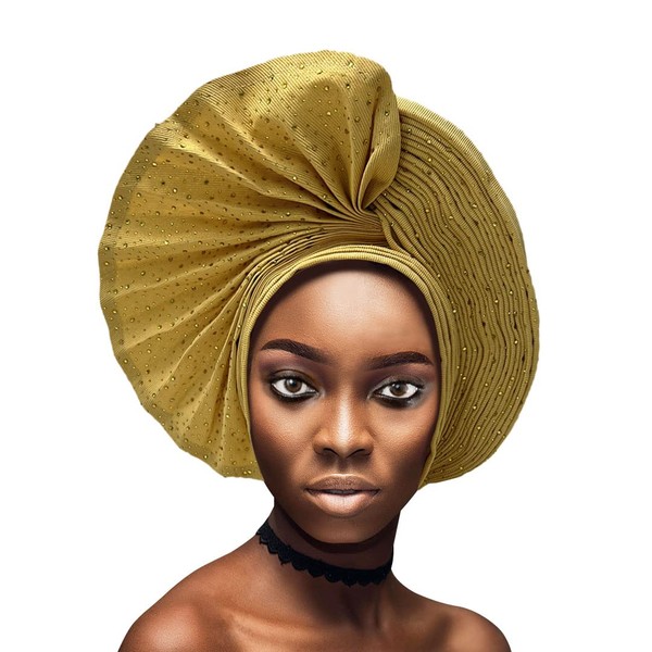 Nigerian Aso Oke With Beads&Stones Women Turban Head Wrap African Gele Headties 2023 Quality Femme Headgear Sewing Fashion Head Tie For Party (Gold)