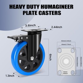 6 Inch Casters Set of 4 Heavy Duty with Safety Double Brake, Swivel Caster Wheels 2600 LBS Capacity, No Noise Top Plate Castors for Cart, Workbench, Furniture, Equipment