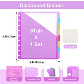 11 -Discbound Pocket Divider with 8 Tabs,1 Set Letter Size Tul Notbook Divider Folder Dis Planner Inserts for for Document Discbound System, Office Home School（8PCS