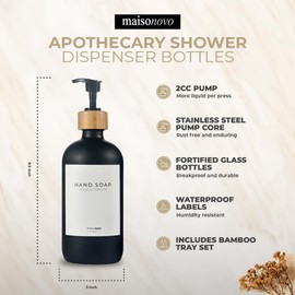 MaisoNovo Black Glass Soap Dispenser with Pump and Bamboo Tray - Kitchen Soap Dispenser Set - Hand Soap Dispenser for Bathroom, Dish and Hand Soap Dispenser Set, Soap and Lotion Dispenser Set of 2