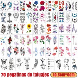 70 hojas de tatuajes temporales para adultos（ adecuado tanto para hombres como para mujeres ）- Diseños de Flores, Mariposas y Más - Impermeables y No Tóxicos