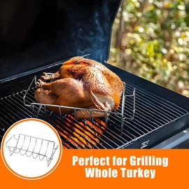 Turkey Roasting Rack Rib Rack for Smoker grill Stainless Steel Dual-Purpose , Accessory for Large Big Green Egg, Kamado Joe, Pit Boss & More - Holds 6 Ribs or Whole Turkey for Smoking and Roasting