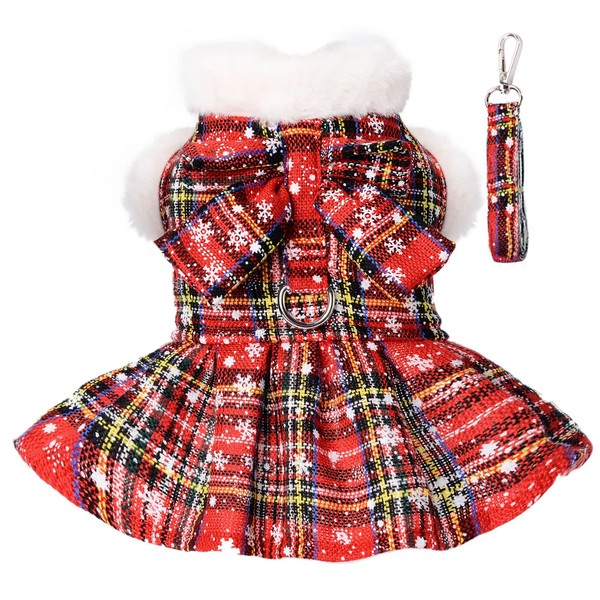 Christmas Dog Harness Dress with Leash Set Red Plaid Puppy