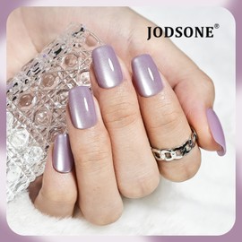 JODSONE 30PCS Lavender Purple Cat Eye Stick on Nails Set Acrylic Short Square Reusable Press on Nails Glitter Soft Gel Fake Nails for Women Shimmer Manicure Nails Kit