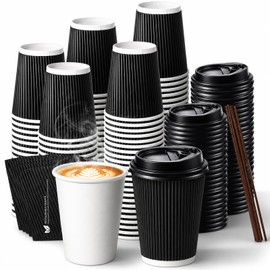 50 Pack 12 oz Disposable Coffee Cups with Lids and Straws, Insulated To Go Paper Coffee Cups with Detachable Corrugated Sleeves, Hot/Cold Drink Cups for Office, Travel, Coffee Bar（Black Sleeves)