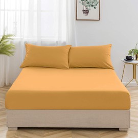 Oxford Homeware Ochre Double Fitted Sheet -100% Brushed Microfibre 1800 Easy Care 25 cm Deep Double Bed Sheets - Shrinkage and Fade Resistance