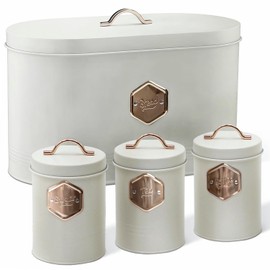 Plexon Bread Box for Kitchen Countertop with Coffee Sugar Tea Kitchen Storage Containers, Bread Box and Canisters Set for the Kitchen with Lid, Beige