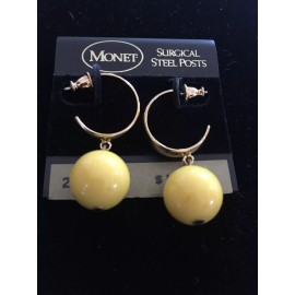 Monet vintage monet pierced earrings Gold Hoops With Yellow Hanging Ball
