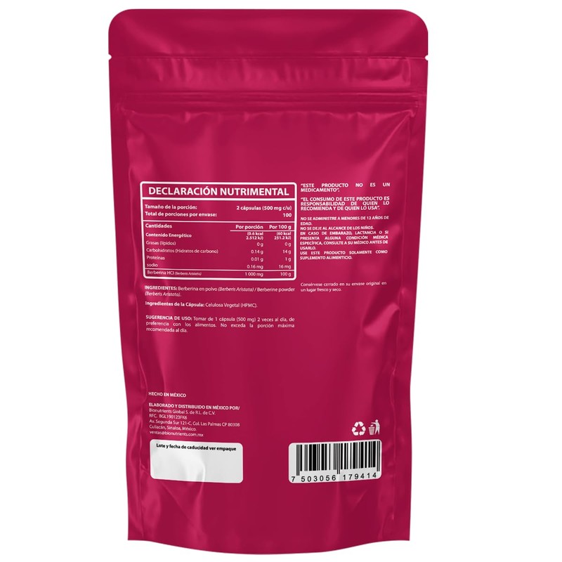 Wellthy Berberina Pura 200 Cápsulas. 100% Berberis Aristata, 500mg c/u,