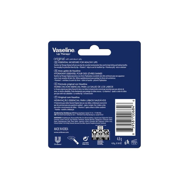 Bálsamo Labial Vaseline Original en Barra para Labios Secos