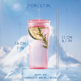 Puraville 20oz Glass Cups with Lids and Straws, 2 Pack High Borosilicate Iced Coffee Cups Drinking Glasses Tumbler for Smoothie, Water, Tea, Juice Drinks, Pink