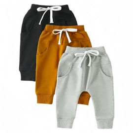 Wabnq 3 Pack Baby Pants Boys Pull-on Jogger Pants Knit Pants Classic Elastic Waist Kids Toddler Pants Long Pants Sweatpants (US, Age, 12 Months, 18 Months, 3, 3pcs/Black+Brown+Gray)