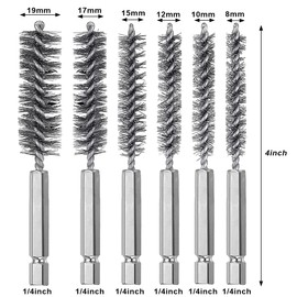 6 Pieces Stainless Steel Bore Brush in Different Sizes + 15 Pcs Cleaning Needles Nylon Brushes Tools, Twisted Wire Brush with Handle 1/4 Inch Hex Shank Attachment Drill Set for Tubes Ports Bearings
