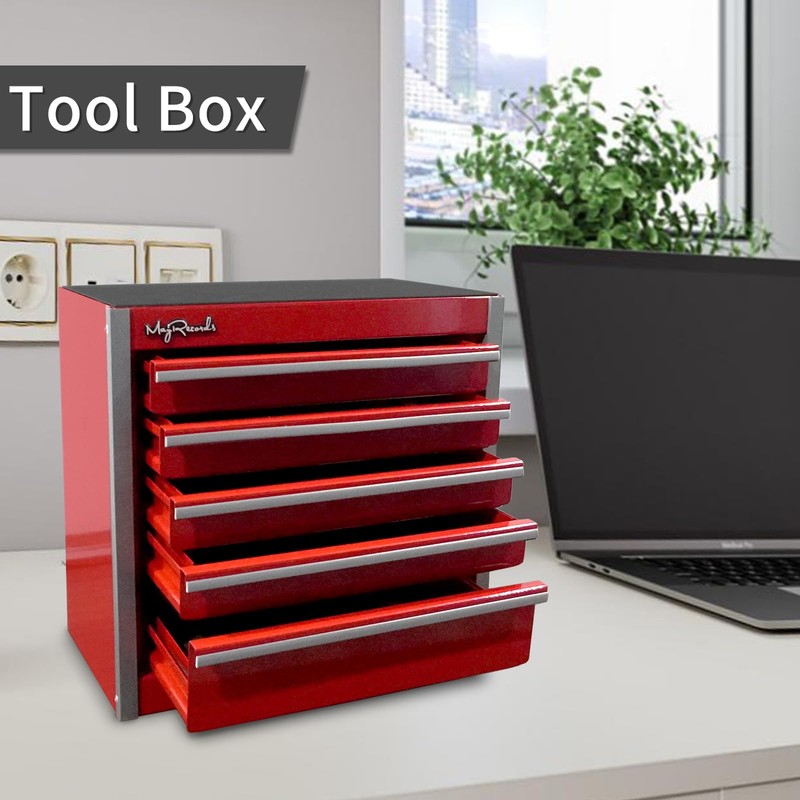 MayRecords Red Mini Metal Tool Box with 5 Drawers and
