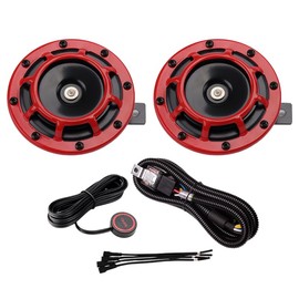 FARBIN Car Horns 12v Loud High Tone/Low Tone Metal Twin Horns Kit with Relay Harness,Universal Horns for Truck Car Motorcycle(Red horn with wiring harness and button, 12V)