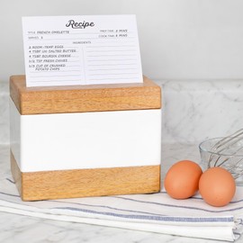 AuldHome Design Wood Enamel Recipe Box w/Cards and Dividers; Boho Farmhouse Style Mango Wood Recipe Box Set