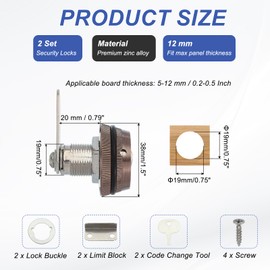 sourcing map Combination Cabinet Cam Lock, Zinc Alloy File Cabinet Locks 3/4'' Password Coded Locks Cylinder for 0.2-0.5" Thick Drawers Mailbox, Copper Pack of 2