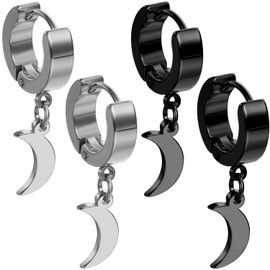 Kawailay 2 Pairs Stainless Steel Moon Huggie Hoop Earrings Moon Hinged Earrings Gothic Moon Earrings Rock Hip Hop Punk Moon Dangle Earrings for Men Women - Silver and Black