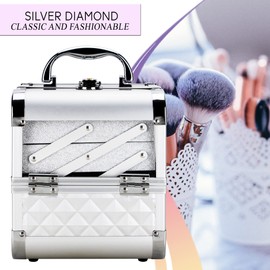 Ver Beauty Makeup Box Cosmetic Train Case with Clear Armored Acrylic Jewelry Organizer with 2 Tiers Trays and Mirror Lockable Portable Travel Cosmetic Display Aluminum Case (Silver Diamond)