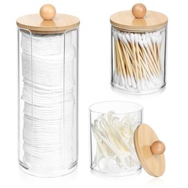 Pack of 3 Cotton Buds Container, Cotton Pad Dispenser, Cotton Pads Storage Box, Cotton Bud Holder with Bamboo Lid for Cotton Balls, Cosmetic Container, Bathroom, Dressing Table, Organiser, Accessories, Decoration